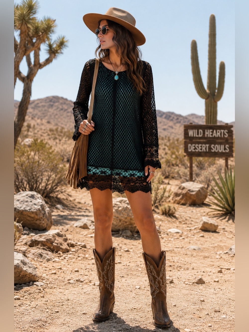 UMGEE Black Lace Top Tunic Teal Lining Mesh Dot Lace Western Boho Lg